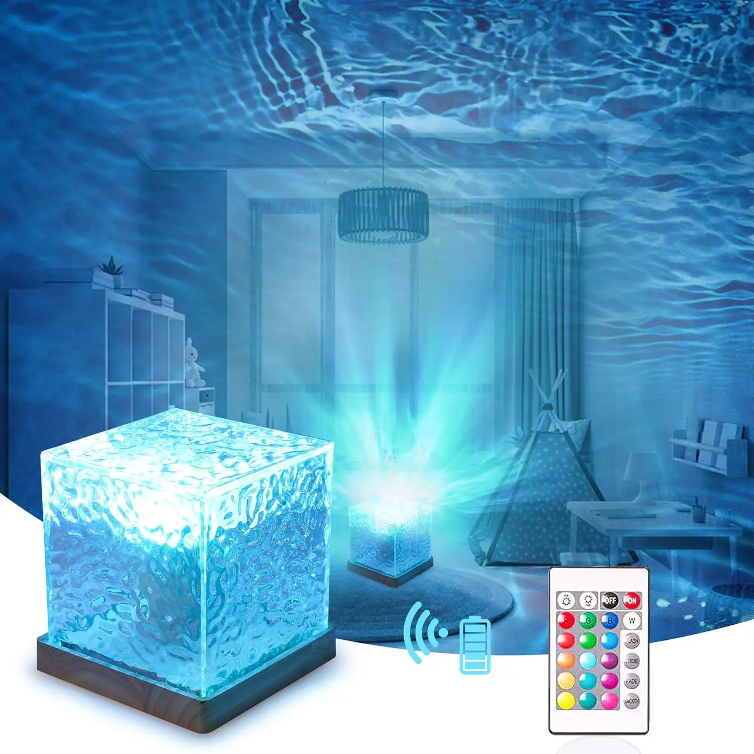 16Colors Rechargeable Dynamic Rotating Water Ripple Projector Night Light Flame Crystal Lamp for Living Room Study Bedroom Light